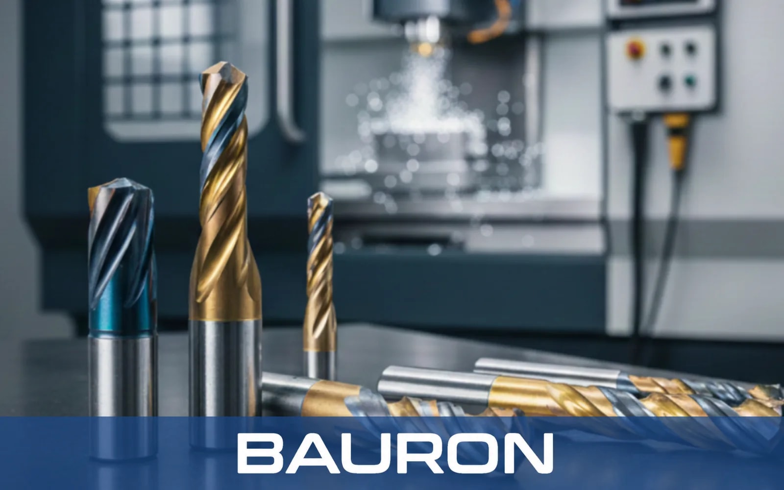 Gecoate hardmetalen frezen op een tafel voor een CNC-machine met sproeiende koelvloeistof