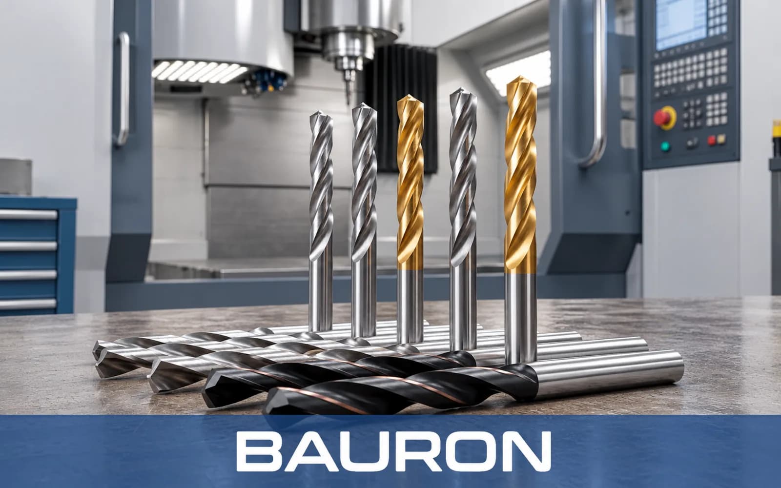 Ongecoate en TiN-gecoate hardmetalen boren op de tafel van een CNC-bewerkingscentrum