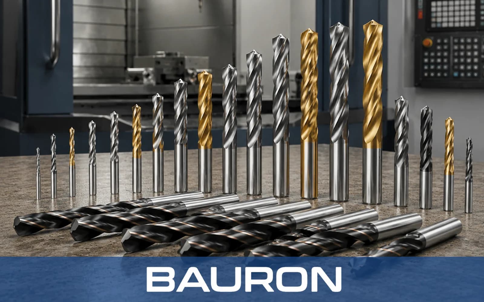 Assortiment gecoate en ongecoate hardmetalen boren voor een CNC-machine