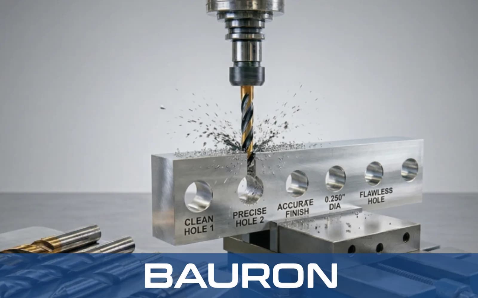 Boor die precieze gaten boort in een aluminium blok met rondvliegende spanen